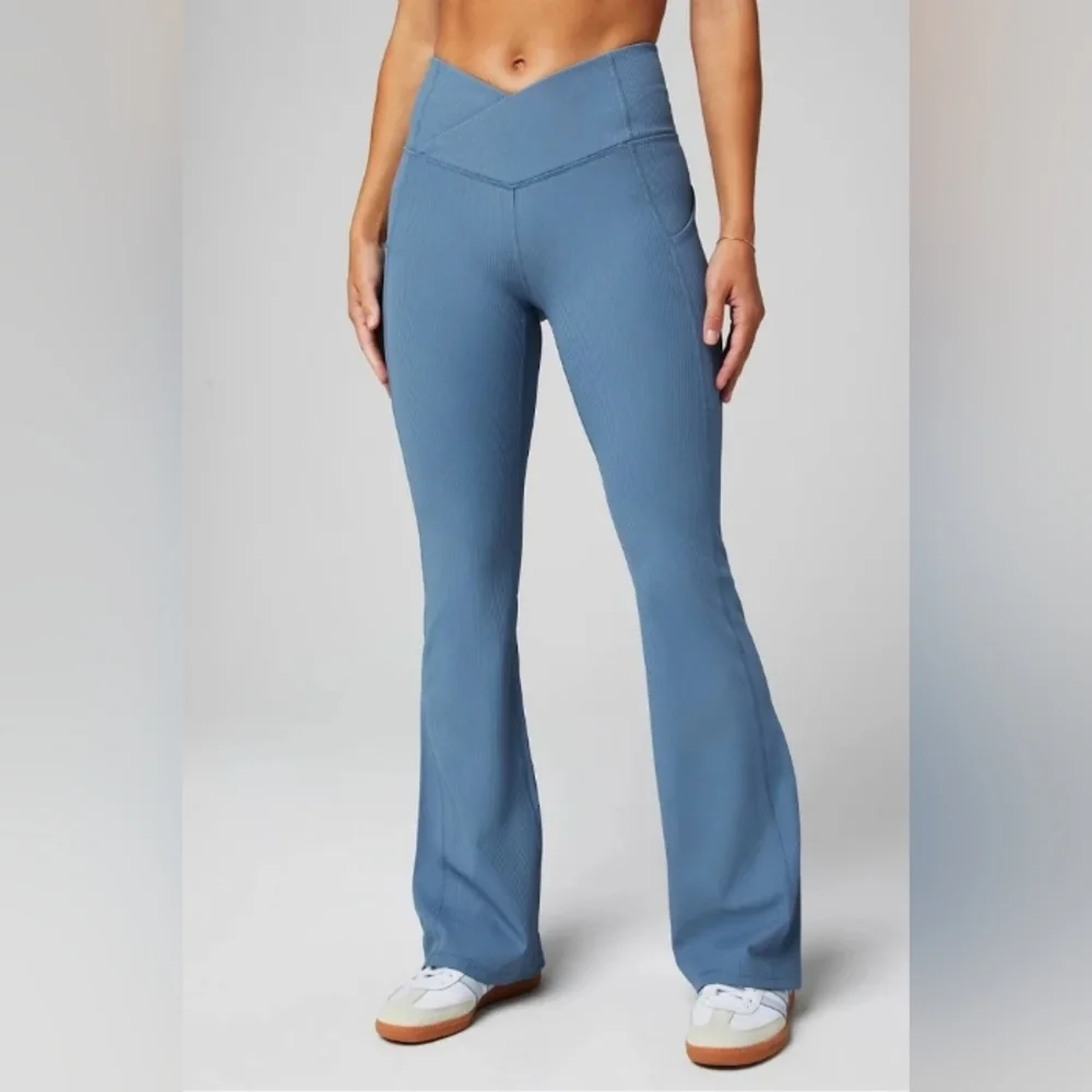 Fabletics Oasis Ribbed Crossover Flare High Waist Ultra Soft Pants Element Blue - Picture 1 of 10
